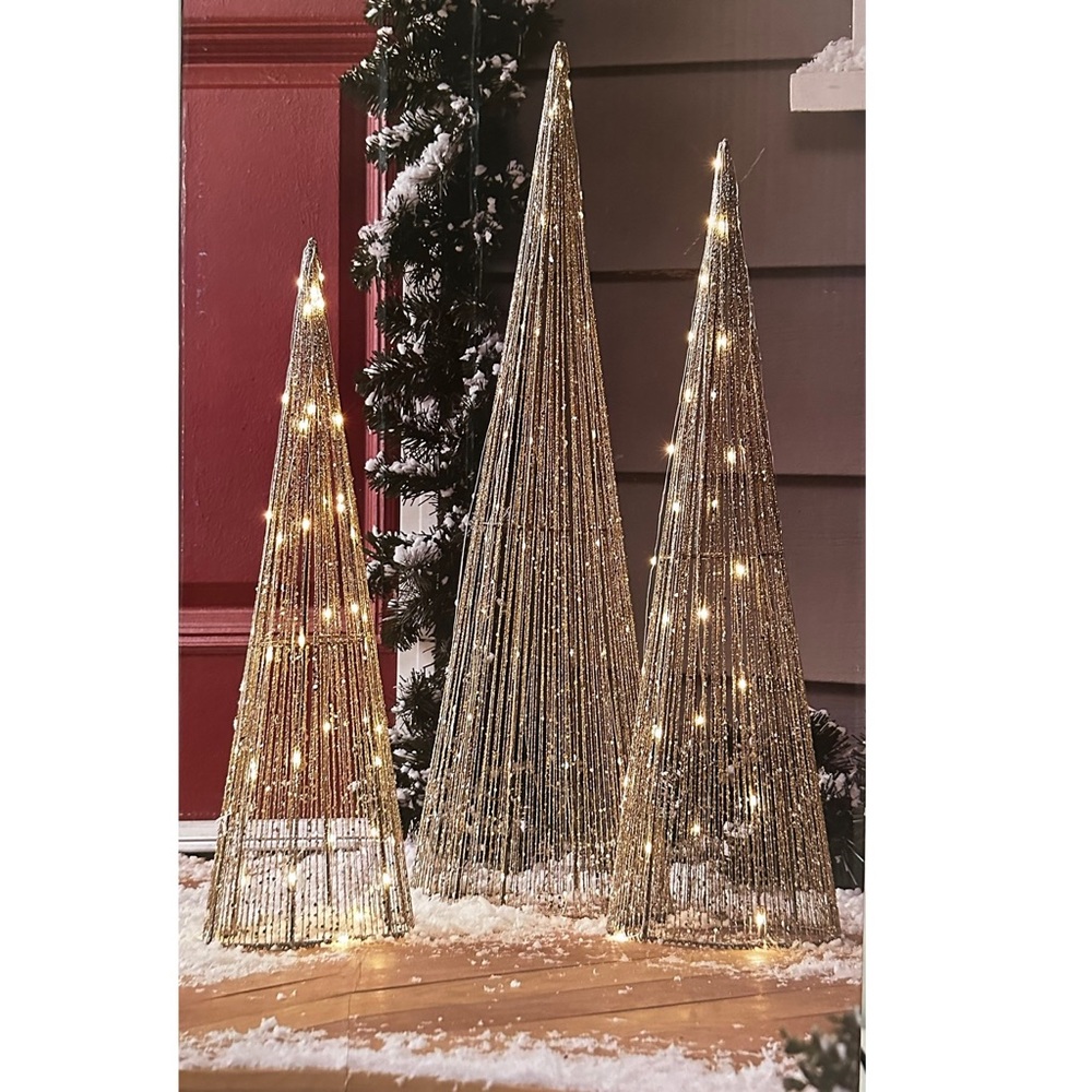 🎄 3x Holiday Home 24”-32” Christmas Trees Cone LED Gold